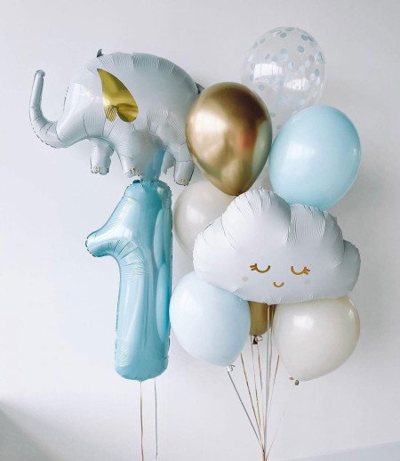 1 Yaş Mavi Bulut ve Fil Temalı Folyo Balon Seti
