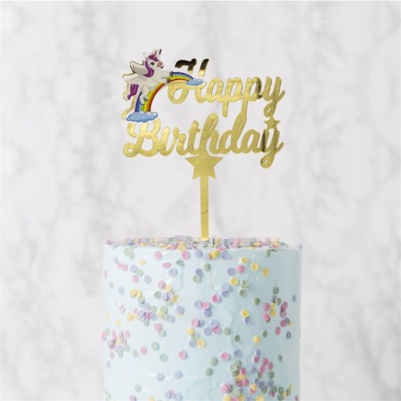 Unicorn Happy Birthday Pasta Üzeri Pleksi Yazı Altın