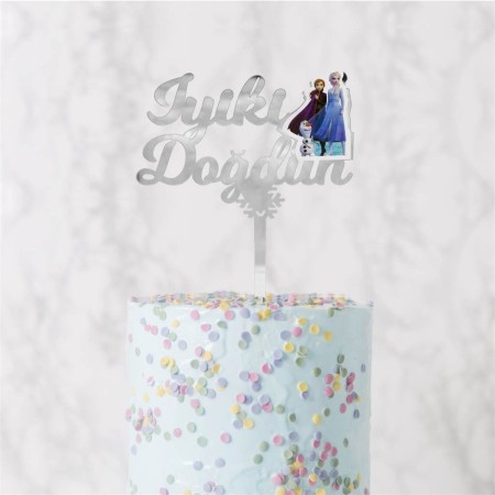 Frozen İyiki Doğdun Pasta Üzeri Pleksi Yazı Gümüş